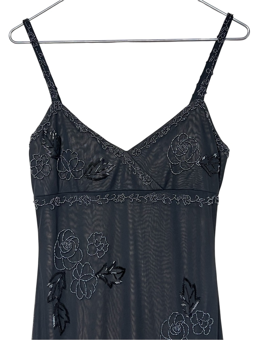 Cache 90s black empire waist floral beaded sheer overlay maxi slip dress - Picture 6 of 15